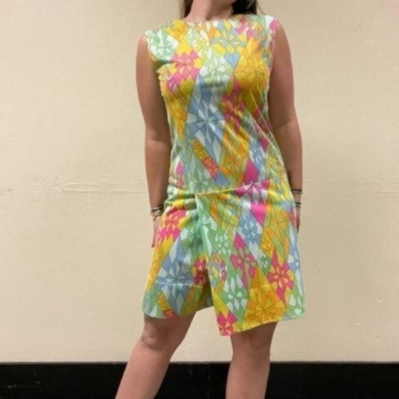 PRICE FIRM Vintage 70s Bright Multicolored Romper Skort Dress | Size L/XL - Picture 3 of 12